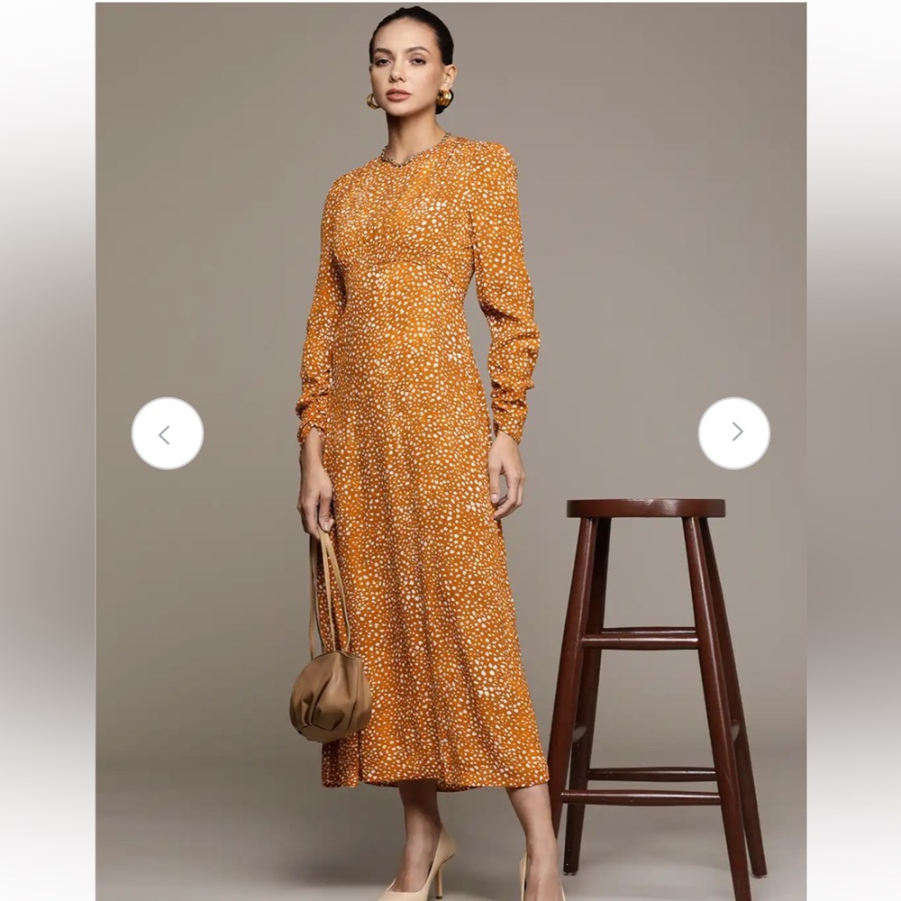 Mango Long Puff Sleeve Midi Dress Orange Dalmatian Print US 6 M Women Viscose